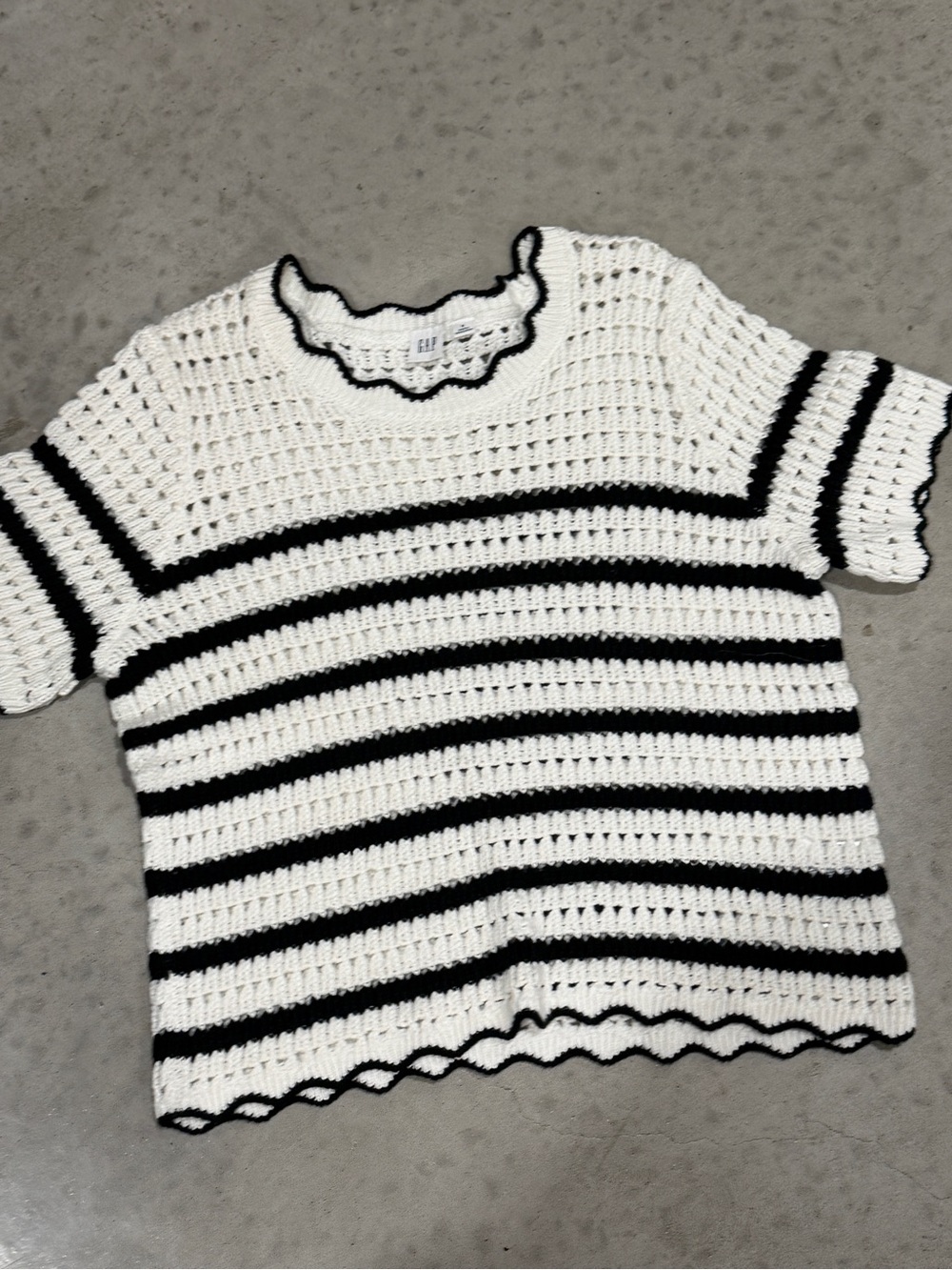 GAP White & Black Striped Crochet Short-Sleeve Sweater